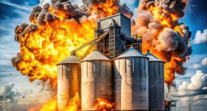 Grain silo explosion captures fireballs soaring through the air ...